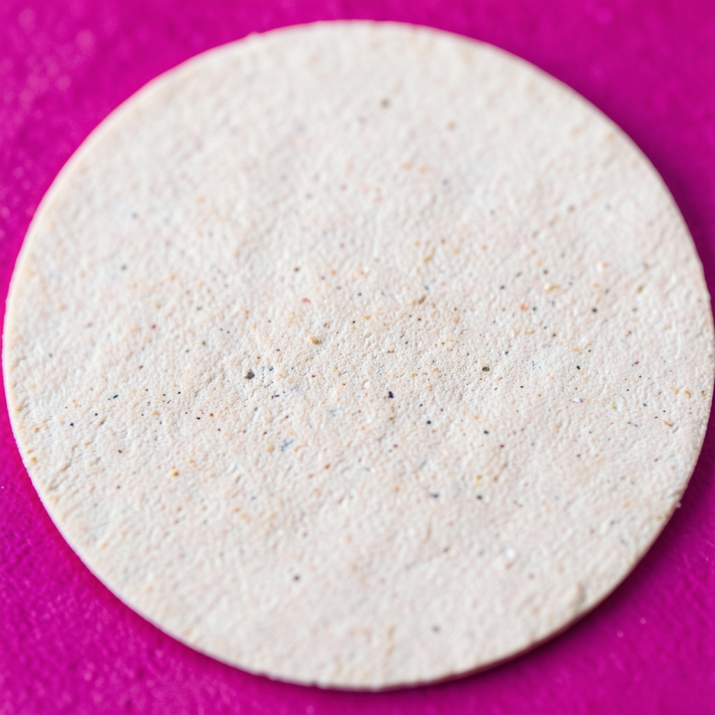 A circular abstract texture of pale sand-colored stone with fine grain, no identifiable person.